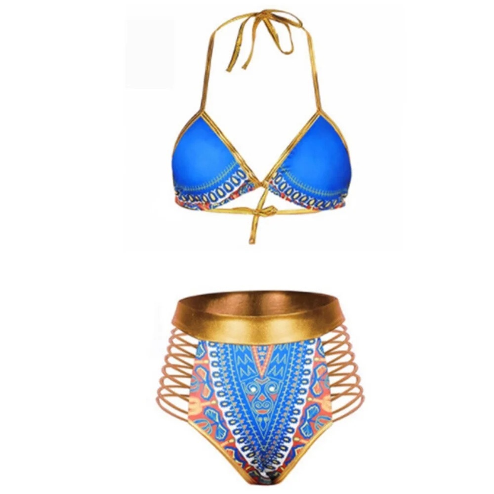 Blue and metallic Gold Print Bikini